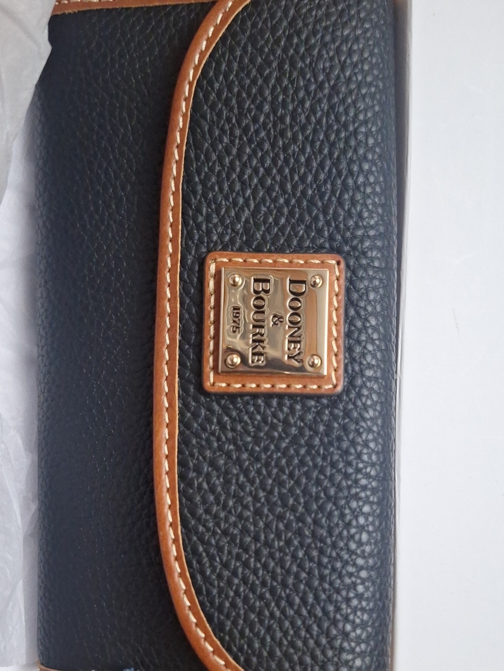 Dooney & Bourke Black Pebbled Leather Wallet with Tan Trim and Gold Plaque